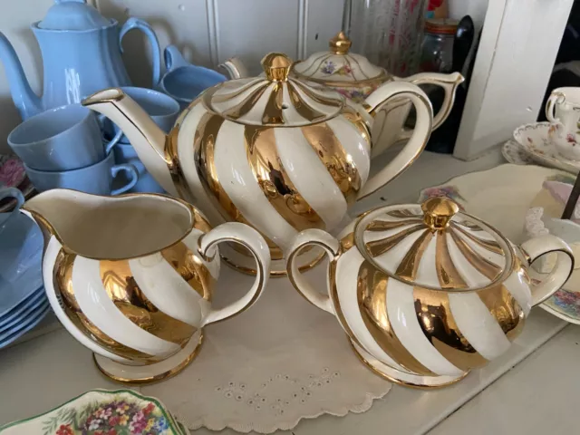 Antique Sadler 1930's Gold Swirl 3 Piece Teapot Set