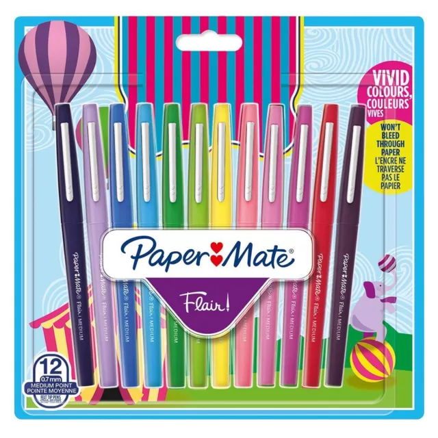 Set of 12 Paper Mate Flair Pens Medium Point 0.7mm Felt Tip No-Bleed Carnival Co