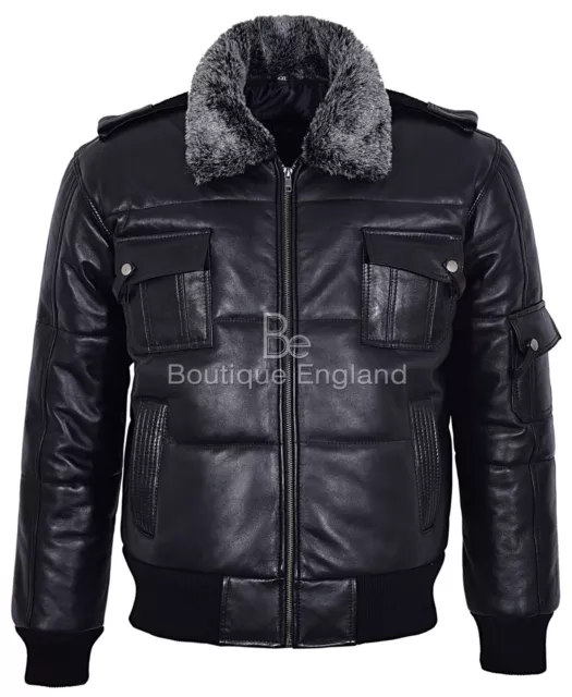 Puffer Men's Black Fur Collar Bomber Air Force 100 % Real Leather Jacket Pilot 8