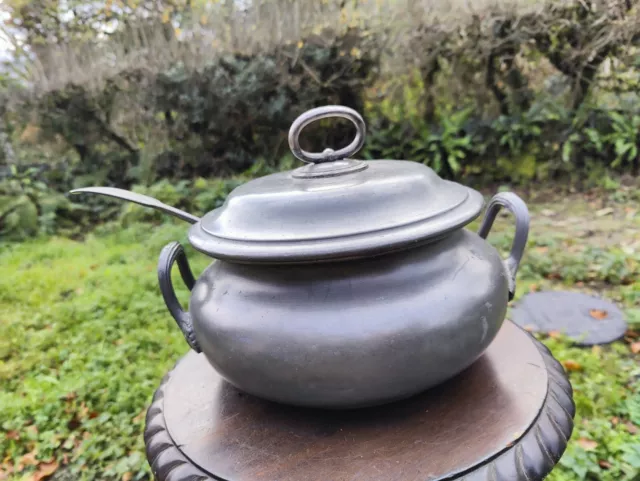 Antique 19th C Pewter Lidded Soup Terrine With Ladle. Large 12" Walker & Hall