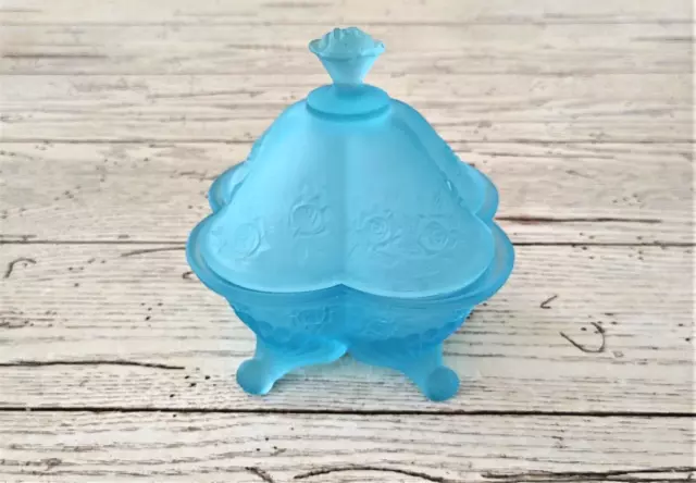 Glass candy dish, light blue satin, rose  design, with rose finial lid