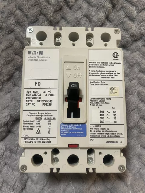 EATON CUTLER HAMMER FD3225-  225A 600V 3pole Molded case Circuit Breaker