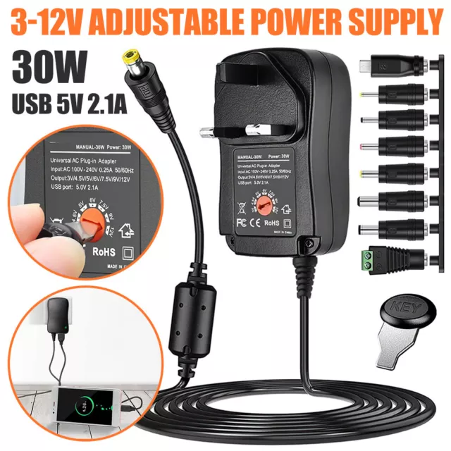 30W 3-12V Power Supply AC/DC Universal Adaptor 3V 4.5V 5V 6V 7.5V 9V 12V 2.1A