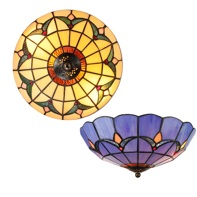 Retro Tiffany Style Flush Mount Ceiling Light Flower Stained Glass Lamp Fixture