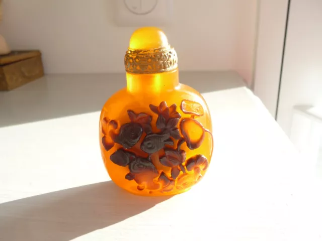 Ancien flacon tabatière à opium sels poudre parfum Asie du Sud décor poissons 3