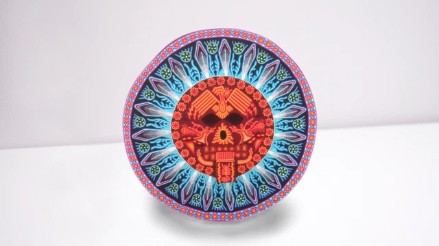 Mictlantecuhtli Aztec Sculptre  on Paper Mache & Huichol Yarn Paint (23"x5 ")