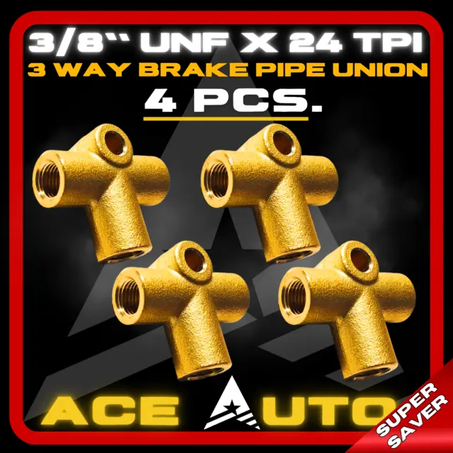 4X Premium 3 Way Brass Brake Pipe Fitting T Union 3/8" UNF x 24 TPI - 3/16'