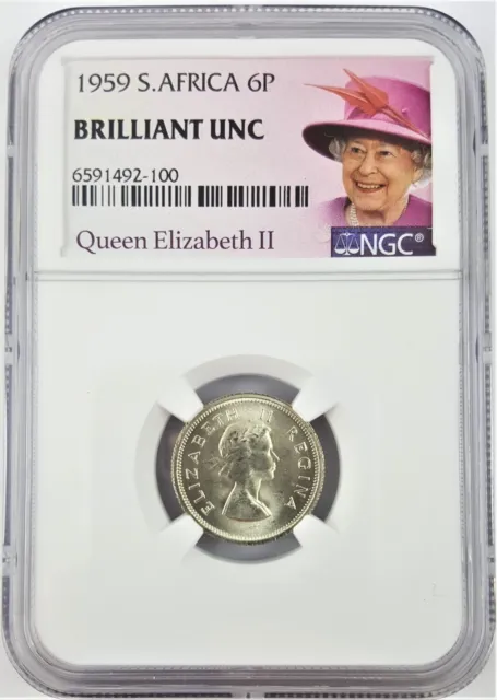 NGC Queen Elizabeth II South Africa KM48 6 Pence – 1959