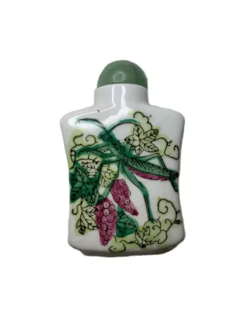 Vintage Asian Porcelain Snuff Bottle with Jade Stopper Insects Chinese China