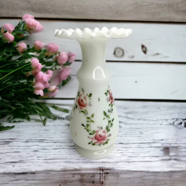 Vintage Milk Glass Vase Hand Painted Floral Ruffled Top  9.5" Tall