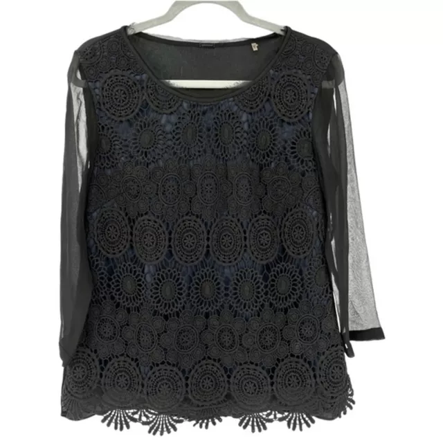 Elie Tahari Silk Black Navy Crochet Lace Overlay 3/4 Sleeve Blouse - Size Medium