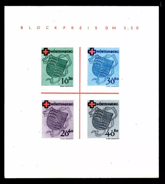 FRANZÖSISCHE ZONE WÜRTTEMBERG 1949 BLOCK1 * FALZ / unperfekt im RAND (09874