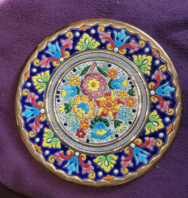 VINTAGE CERAVILLA HAND Painted Crafted Enamel Floral Hanging Wall Plate