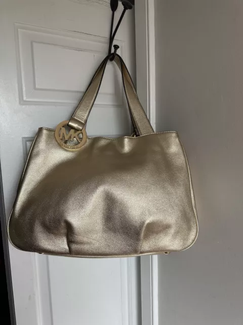 NWOT Michael Kors Fulton Gold Pebbled Leather Shouldr Bag Tote Purse Large