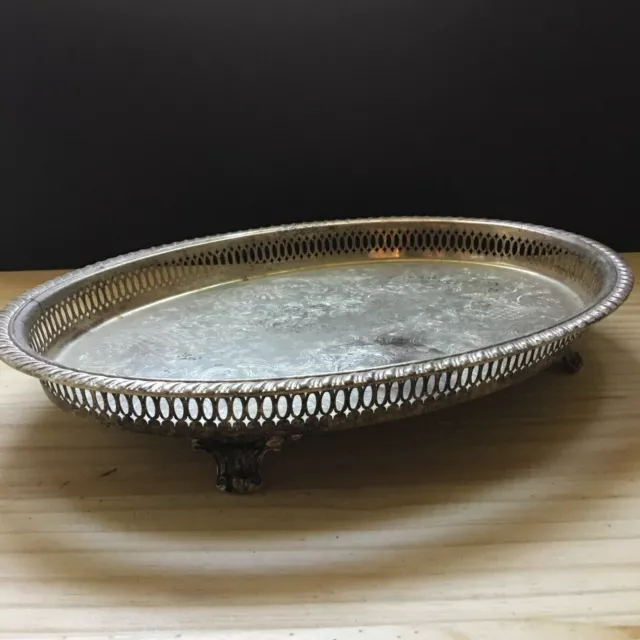 Vintage Leo Silver Oval Gallery Serving Butler’s Tray Reticulated Rim Footed 16"