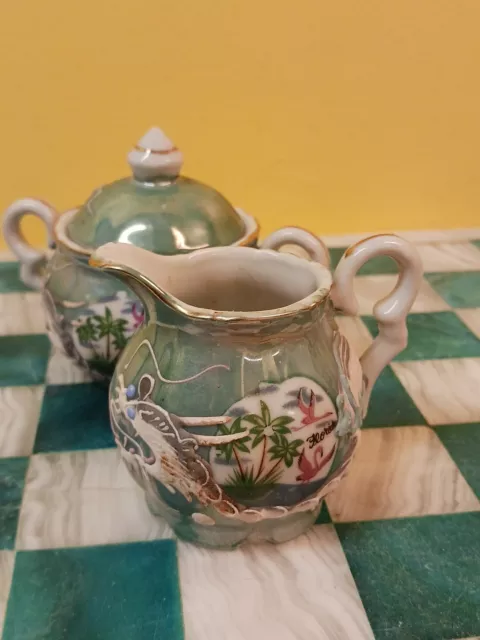Vintage Dragon Sugar Bowl and Creamer Set Florida Flamingo Kenmar Ceramic Japan