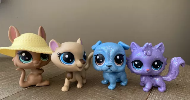 RARE Littlest Pet Shop Sparkle Sparkly Purple Cat Blue Bulldog Brown Tiger Bunny