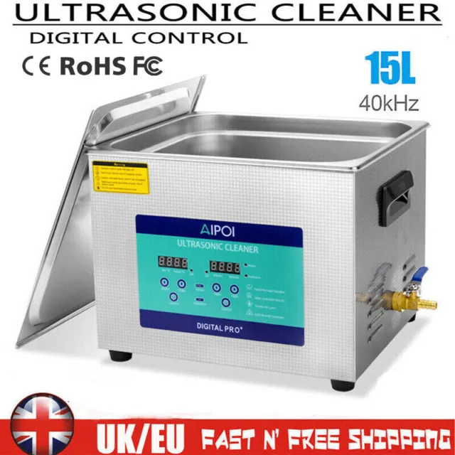 AIPOI 15L Digital Ultrasonic Cleaner Timer Heater Stainless Steel Cotainer UK