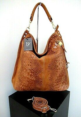 ITALIAN LARGE SHOULDER BAG by DIVA: LEATHER & SUEDE CROCO EMBOSSED MADE IN ITALY