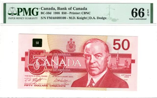 CANADA (Bank of Canada) $50 Dollars 1988 PMG Gem UNC-65 EPQ CH-BC-59d Pfx FMA