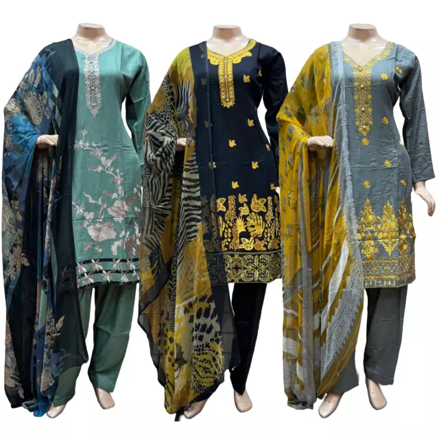 Pakistani Indian Women's Embroidered Linen Suit Dress Shalwar Kameez Salwar
