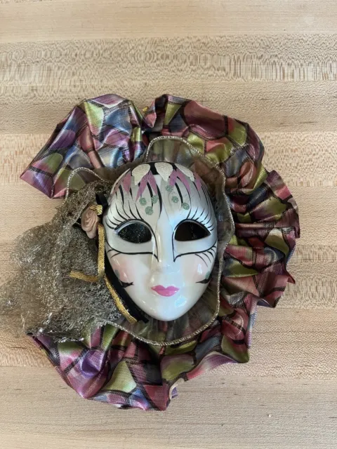 Mardi Gras Ceramic Face Mask Wall Hanging Hand Painted Glitter Flowers