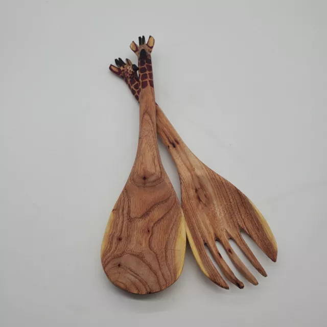 Hand Carved Wooden Salad Spoon & Fork Spotted Giraffe Head & Neck On The Handle