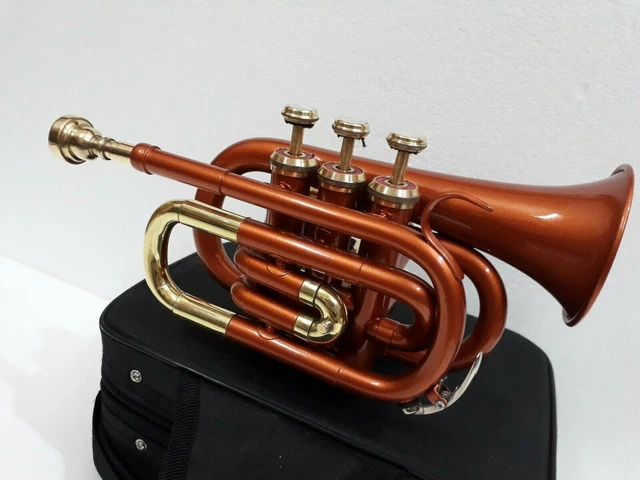 MINI POCHE NEUF Cuivre LAITON Couleur PLAT 3V POCHE TROMPETTE ETUI GRATUIT...
