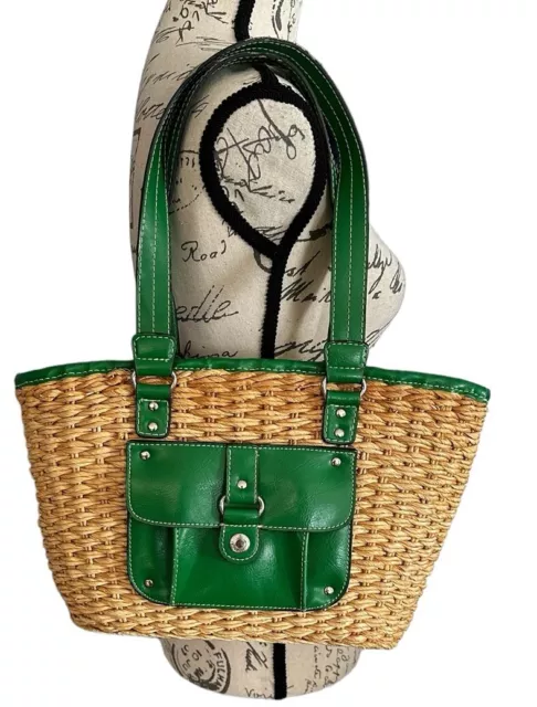 American Living Cornhusk Straw and Green Tote Gingham Lined Buckle Bag Purse