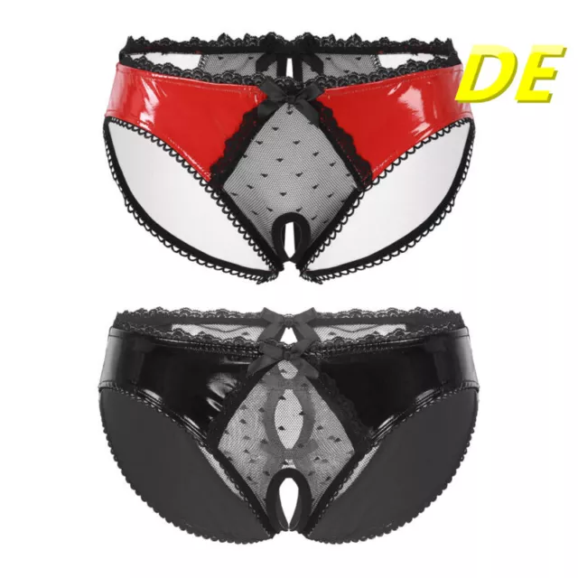 DE Damen Wetlook Höschen Lack Leder Spitze Tanga Sexy Dessous Erotik Unterwäsche