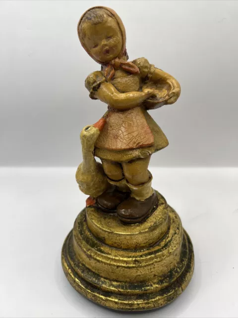 Wood Figural Girl with Goose Swiss Vintage Reuge Brahms Lullaby Rotating Gold