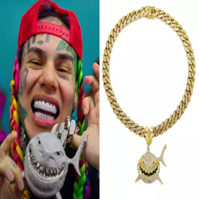 TEKASHI 69 6IX9INE Shark Pendant 14K Lab Diamond Gold Cuban Link