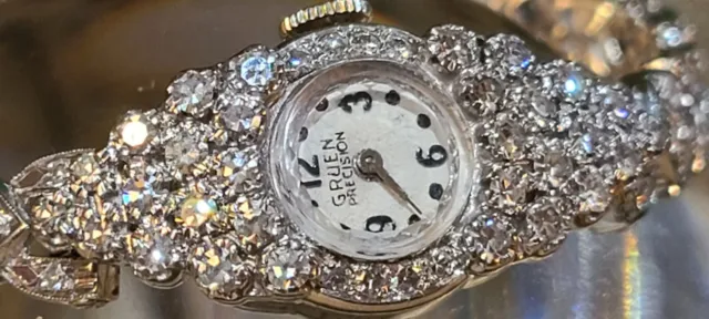 Vintage GRUEN Precision Ladies Pave DIAMOND 14K WHITE GOLD ESTATE watch & band