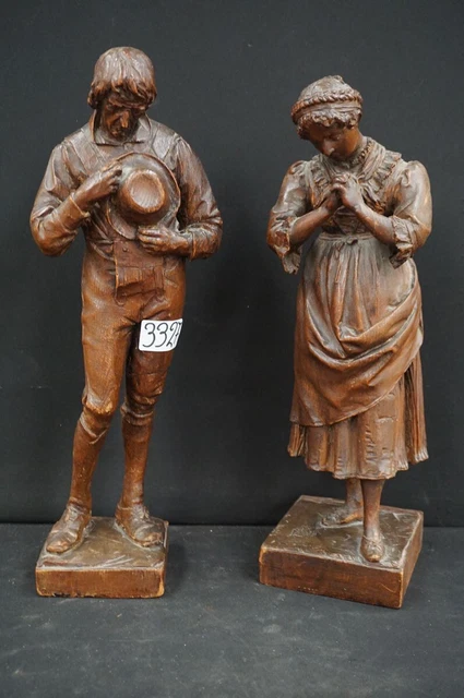 Antique french Wood carved Angelus prayer pair statue religious figurine rare