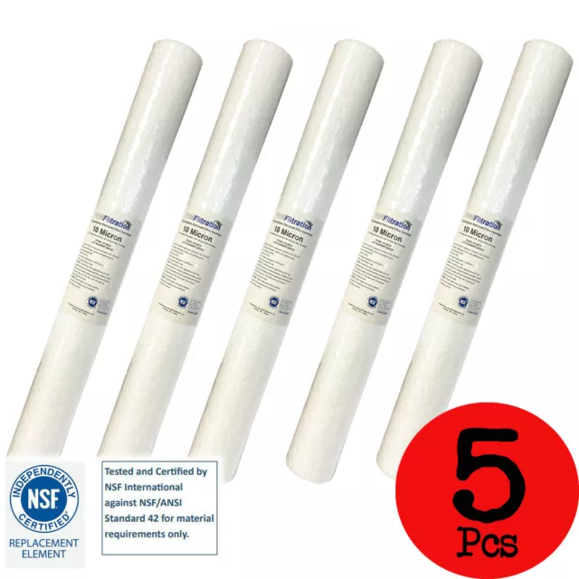 5PK Spun Polypropylene Sediment Filter Cartridge 20"x2.5" NSF Certified 10 Mic