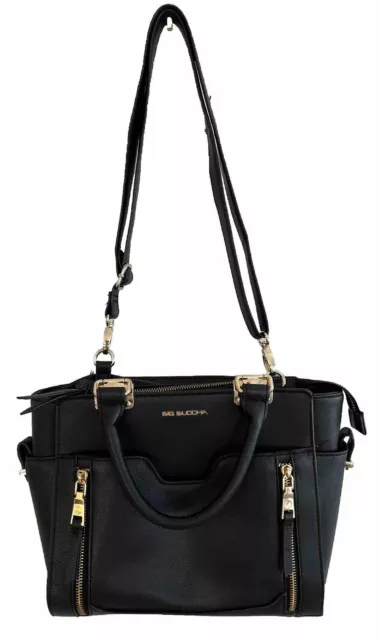 Big Buddha Zipper Black Handbag Purse Shoulder Satchel Gold Accents Faux READ 2