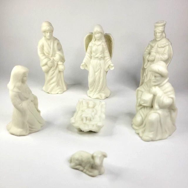 NATIVITY SET 7 Piece Manger Scene Angel Shepherd Sheep Small Bisque