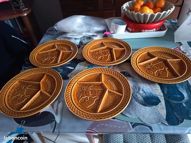 6 Assiettes à Fondue Majolica Sarreguemines Vintage 24 Cm, Céramique Beige