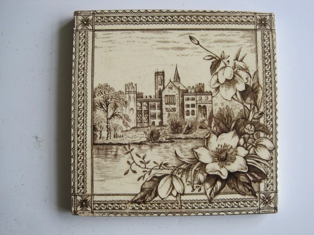 Antique Victorian J & W Wade? Brown On Buff Transfer Print Tile C.1884-1904