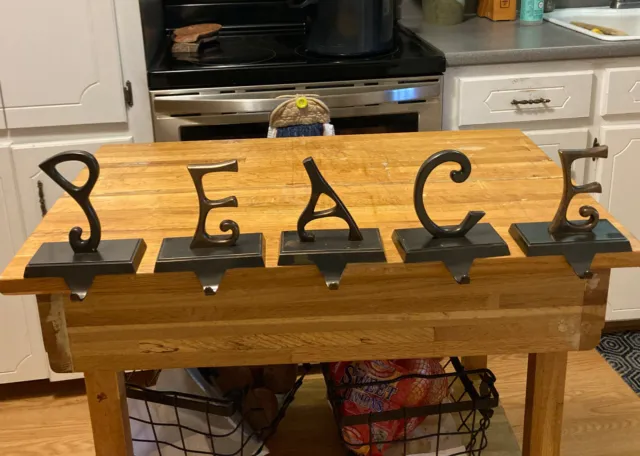Pottery Barn PEACE Stocking Holders Hangers Set Of 5 Bronze Look Christmas