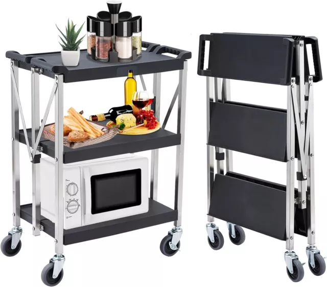 Portable Folding Service Cart 3-Tier Fold Up Rolling Cart 330lb 26.7"Dx16"Wx36"H