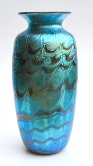 Blue Luster Vase with Red Murano Design. Blown Glass
