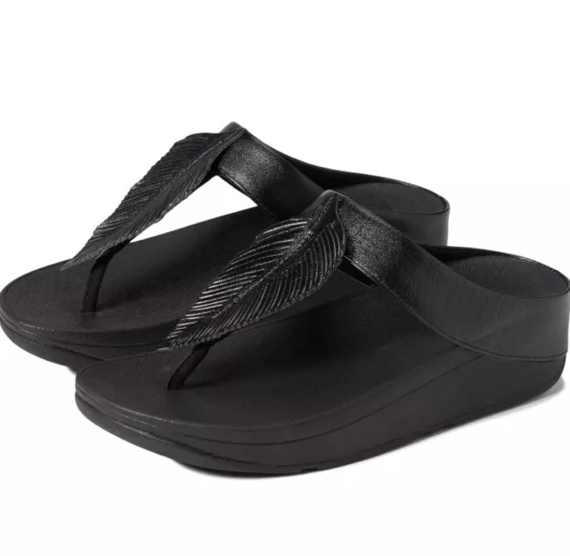 FitFlop Uk 7 US 9 Fino Feather Toe-Post Sandals Wedge Slip On Slides All Black