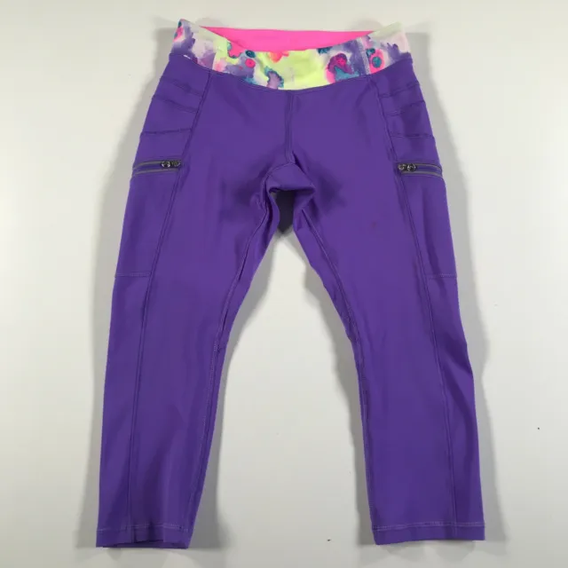 ivivva Leggings Girls 12 Purple Tie Dye Waist Zip Pockets Cropped Stretch