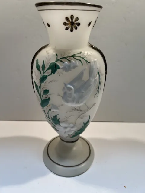 Beautiful antique Victorian enamel painted Bird vase 10” Ht