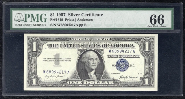 Fr. 1619 1957 $1 One Dollar Silver Certificate Pmg Gem Uncirculated-66