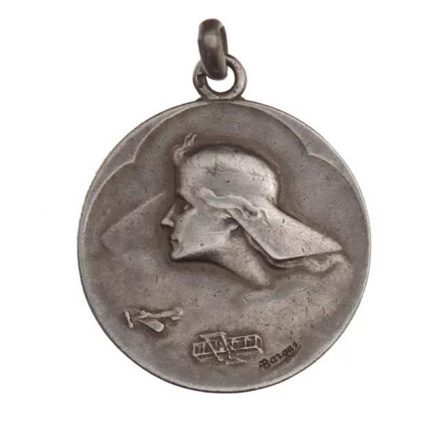 Médaille Pendentif Argent Massif sur le Thème de l'Aviation Signé A Bargas 1910