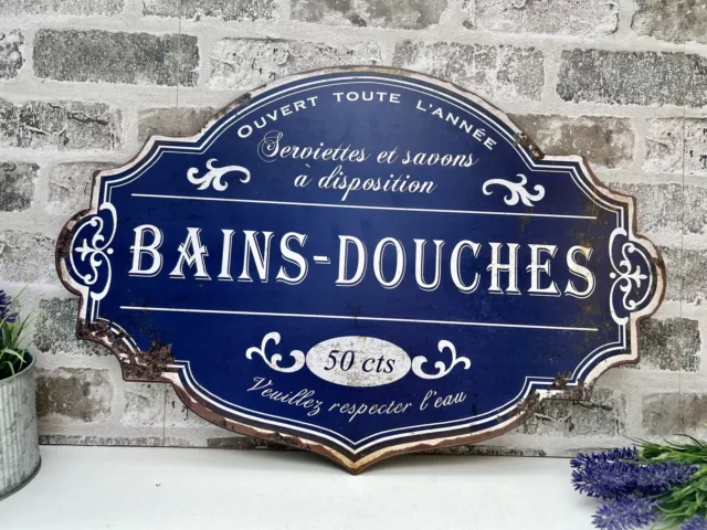 Huge 51cm Bath Shower Sign Plaque Blue French Shabby Chic Metal Bain Douches