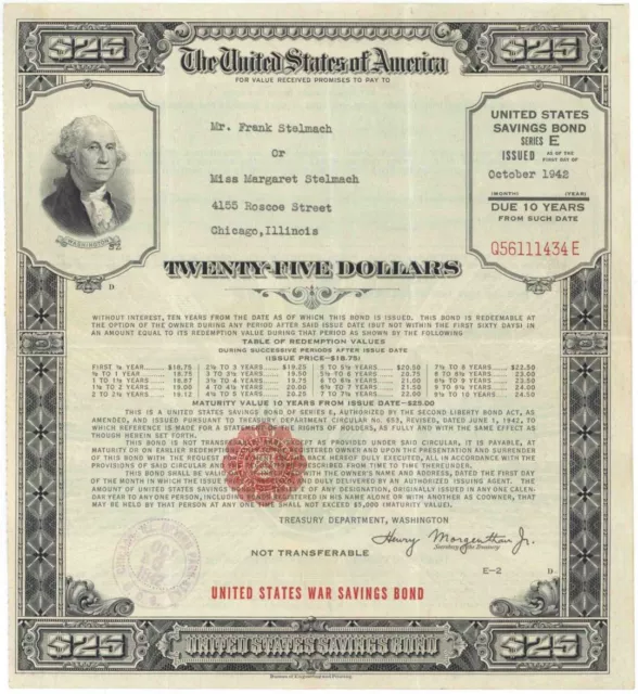 World War II U. S. War Savings Bond - $25 Denomination Series E 10 Year Bond - U