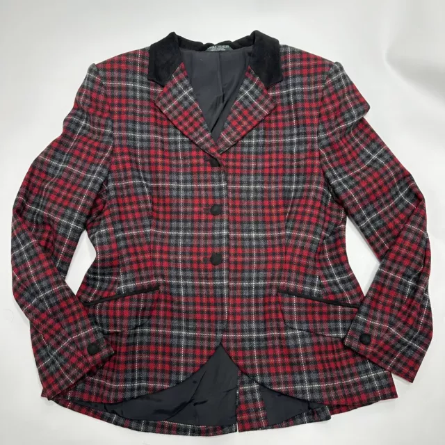 Vintage Laura Ashley Wool Riding Jacket Red Tartan Gray Black check Plaid sz 14